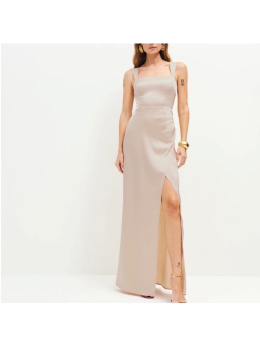 NWT Reformation Square Neckline Elegant Blush Satin Maxi Dress Sz 22 - Picture 6 of 8